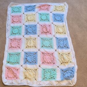 Hand Made Popcorn Granny Square Crib Blanket.  50 In By 30 In